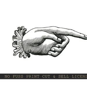 May include: A black and white illustration of a hand pointing to the right. The hand is stylised with a decorative flourish around the wrist.