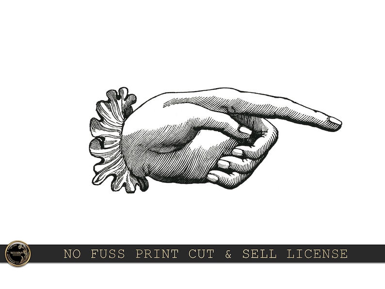 May include: A black and white illustration of a hand pointing to the right. The hand is stylised with a decorative flourish around the wrist.