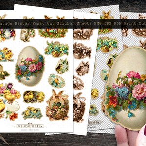May include: Vintage Easter fussy cut sticker sheets. The sheets feature a variety of images, including chicks, bunnies, eggs, flowers, and baskets. The images are in a vintage style and are perfect for adding a touch of whimsy to your Easter crafts.