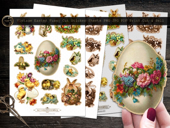 Vintage Easter Fussy Cut Vintage Ephemera Stickers No.1 • Print Cut Sell • Commercial Use Ok • PDF JPG PNG A4 Sheets • Plus Free Gift