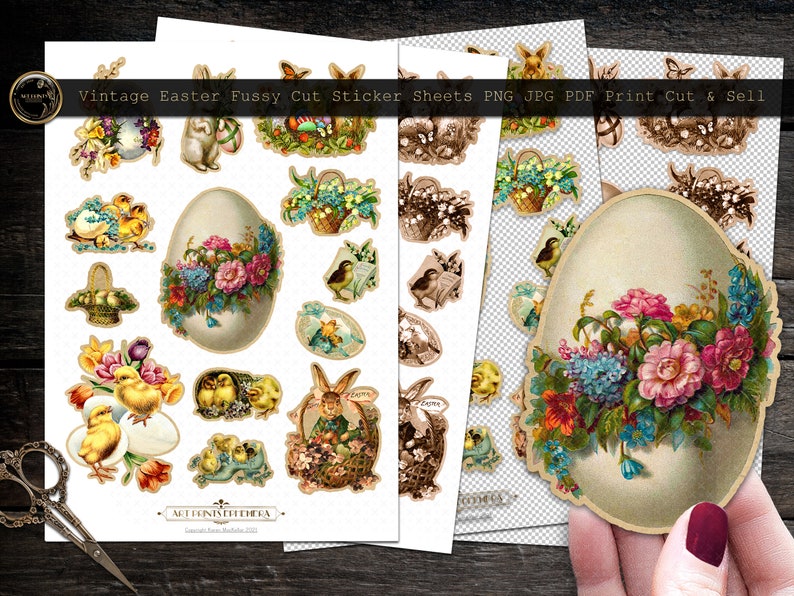 May include: Vintage Easter fussy cut sticker sheets. The sheets feature a variety of images, including chicks, bunnies, eggs, flowers, and baskets. The images are in a vintage style and are perfect for adding a touch of whimsy to your Easter crafts.