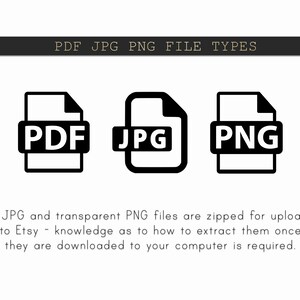 May include: Three black and white icons representing file types: PDF, JPG, and PNG. The text "PDF JPG PNG FILE TYPES" is above the icons.