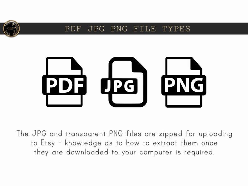 May include: Three black and white icons representing file types: PDF, JPG, and PNG. The text "PDF JPG PNG FILE TYPES" is above the icons.