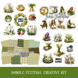 May include: A digital download of 18 printable papers, 8 illustrations, and 10 clipart images in a green and white colour scheme. The images feature a variety of spring and nature themes, including flowers, crystals, and a swan. The text "Imbole Printable Papers" and "Imbole Illustrations" is included in the image. The text "18 Designs A4 300DPI JPG" is also included in the image. The text "Imbole Clipart" is included in the image. The text "Imbole Festival Creative Kit" is included in the image.