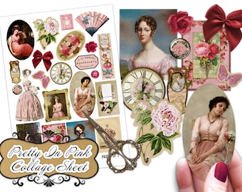 Pretty Pink Aesthetic Vintage Ephemera Collage Sheet • Printable Images • Digital Download •  Junk Journals • Scrapbooks • Commercial Use