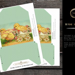May include: Printable envelope folio box template featuring a vintage illustration of two yellow chicks in a basket with flowers and the text "A Joyful Easter".