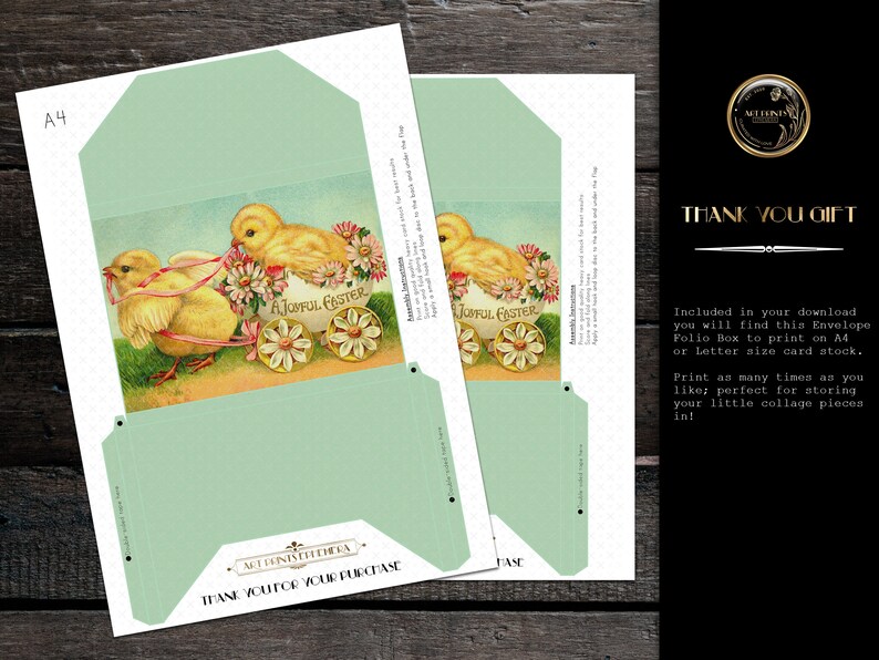May include: Printable envelope folio box template featuring a vintage illustration of two yellow chicks in a basket with flowers and the text "A Joyful Easter".