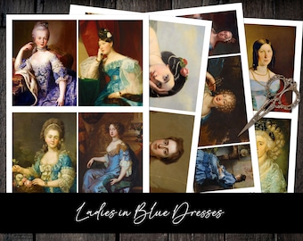 Collagevel vintage dames in blauwe jurken • Antiek afdrukbaar • Junktijdschriften • Decoupage • Instant digitale download • Commercieel gebruik