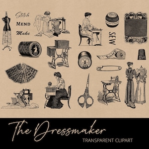 May include: A vintage illustration set of sewing and dressmaking tools and equipment. The set includes a sewing machine, scissors, spools of thread, buttons, a thimble, a pin cushion, a measuring tape, and a pin. The illustrations are in black and white and have a vintage aesthetic.