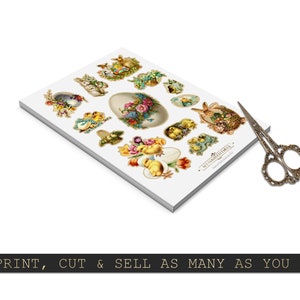 May include: A sheet of printable Easter-themed paper featuring images of bunnies, chicks, eggs, and flowers. The paper is white with a gold border and the text "Sweet Greetings" in a gold font.