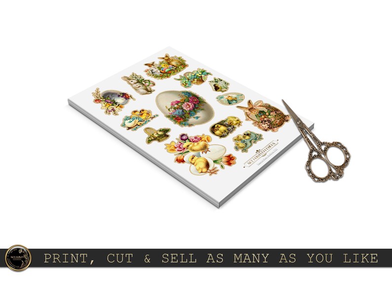 May include: A sheet of printable Easter-themed paper featuring images of bunnies, chicks, eggs, and flowers. The paper is white with a gold border and the text "Sweet Greetings" in a gold font.