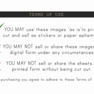 May include: A green tick and two red crosses with text stating the terms of use for digital images. You may use these images to print, cut, and sell as stickers or paper ephemera. You may not sell or share these images in digital form under any circumstances. You may not sell or share the sheets in printed form without being cut out.