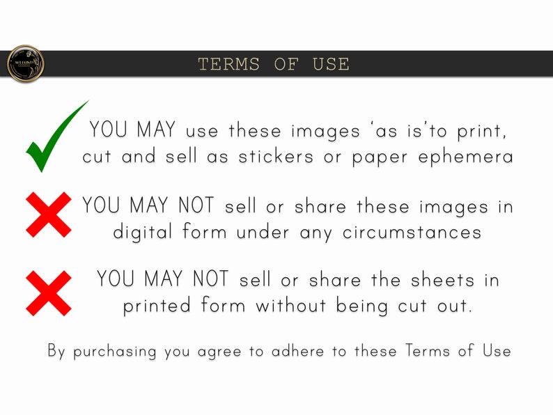 May include: A green tick and two red crosses with text stating the terms of use for digital images. You may use these images to print, cut, and sell as stickers or paper ephemera. You may not sell or share these images in digital form under any circumstances. You may not sell or share the sheets in printed form without being cut out.