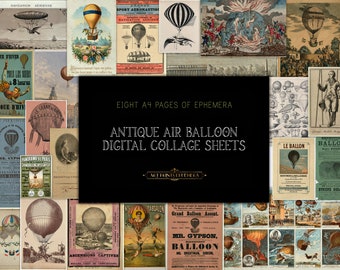 Antique Air Balloon Ephemera • Vintage Illustrated Art • Digital Collage Sheets •  Instant Digital Download • Commercial Use