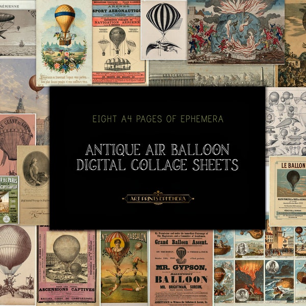 Antique Air Balloon Ephemera • Vintage Illustrated Art • Digital Collage Sheets •  Instant Digital Download • Commercial Use
