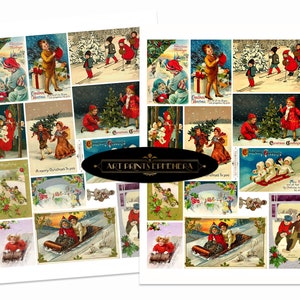Images de carte de Noël victorienne d'enfants Feuille de collage numérique Téléchargement numérique instantané et CADEAU BONUS