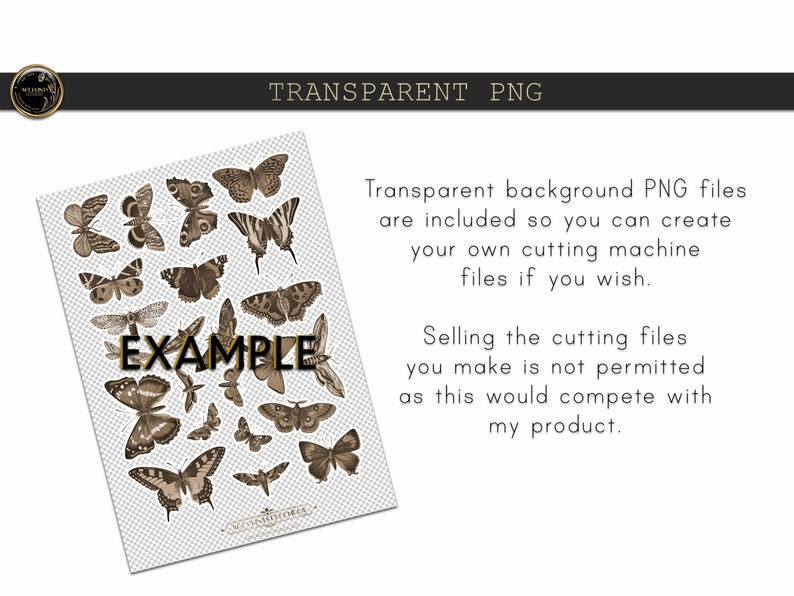 May include: A digital download of 20 vintage butterfly illustrations in sepia tones. The butterflies are arranged in a grid on a transparent background. The text "EXAMPLE" is superimposed on the image.