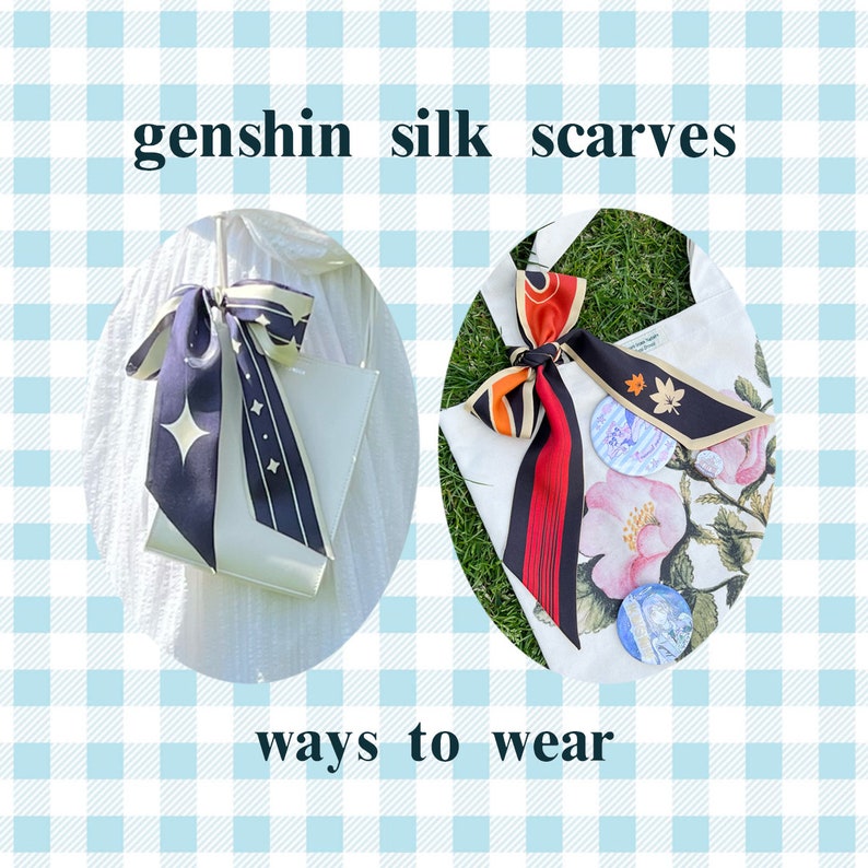 May include: Two ways to wear a silk scarf with a floral print. The first image shows a white tote bag with a black and white scarf tied around the handle. The second image shows a white tote bag with a red, orange, and black scarf tied around the handle.