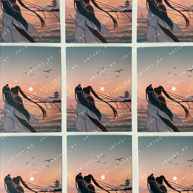 May include: Two figures with long black hair stand close together, facing the viewer. They are wearing white and blue clothing. The background is a sunset over a body of water with a few small islands and a pagoda in the distance.