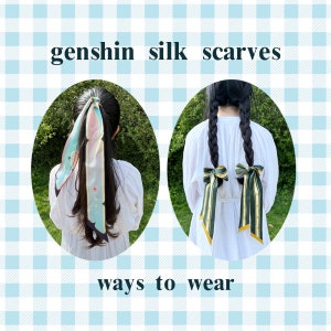 May include: Two women wearing white shirts with different ways to style silk scarves. One woman has a blue and pink scarf tied around her ponytail. The other woman has two green and yellow striped scarves tied around her braids. The text "genshin silk scarves" and "ways to wear" is displayed on the image.