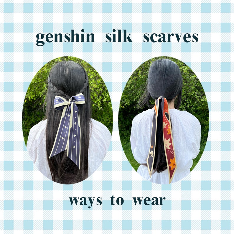 May include: Two women with long dark hair are wearing silk scarves in different ways. One woman has a navy blue and cream scarf tied in a bow in her hair. The other woman has a red and cream scarf tied in a loose knot at the back of her neck. The text "genshin silk scarves" and "ways to wear" is visible in the image.