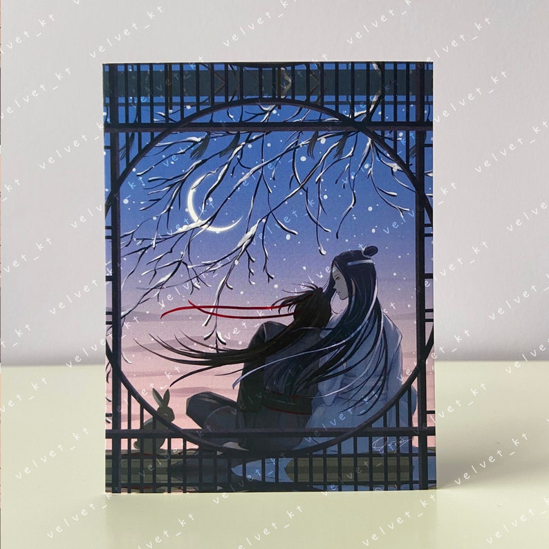 May include: A digital illustration of two people embracing under a crescent moon in a snowy night scene. The couple is framed by a black lattice window. A small white rabbit sits on the ground below them.