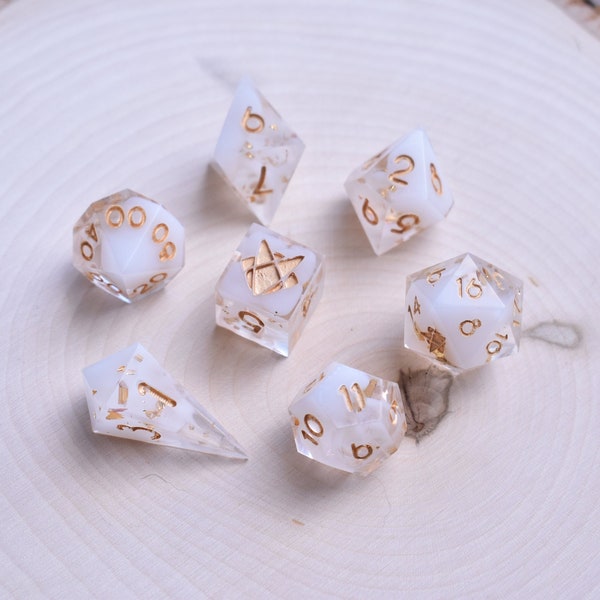 Blessed Divinity - Full Polyhedral Sharp Edge Dice Set - White and Gold - Dungeons and Dragons, DND, TTRPG, Role Playing Games