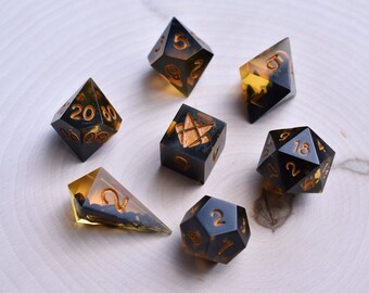 Flame Touched - Full Polyhedral Sharp Edge Dice Set - Black and Orange - Dungeons and Dragons, DND, TTRPG, Role Playing Games