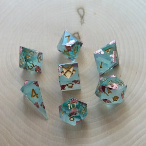 Rosewind - Handmade Sharp Edge Dice Set - Blue, Pink & Gold Polyhedral Dice