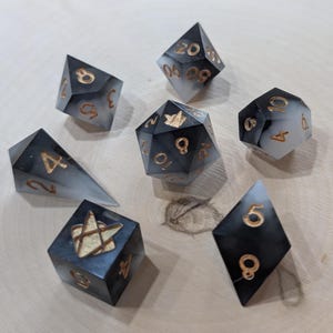 Midnight Mist - Full Polyhedral Sharp Edge Dice Set - Black, White, and Gold - Dungeons and Dragons, DND, TTRPG, Role Playing Games