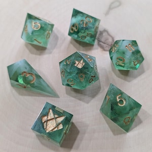 Evergreen Whispers - Full Polyhedral Sharp Edge Dice Set - Green, White, and Gold - Dungeons and Dragons, DND, TTRPG, Role Playing Games