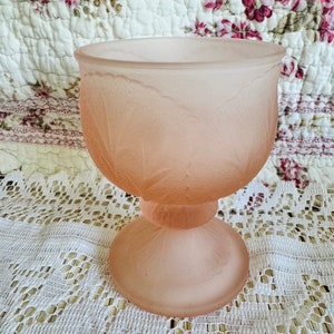 Vintage Indiana Glass Pink Frosted Tiara Pedestal Goblet Etched Pebble Leaf Design