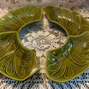 Mid Century Green USA Pottery Relish/Condiment/Snack Tray (Two Piece/Two Sections Per Piece) Serving Dishes