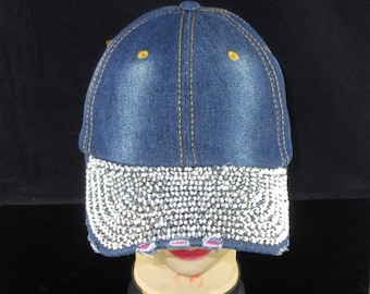 Denim Rhinestone Baseball Hat | Bling Hat with Silver Rhinestones | Glam Casual Women’s Hat | Sparkly Denim Cap