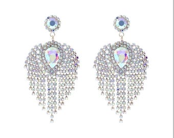 Rhinestone Teardrop Fringe Earrings | AB Crystal Statement Earrings
