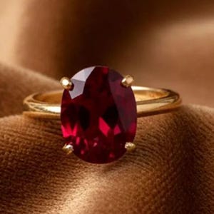 Può includere: Un anello d'oro con una grande pietra preziosa rosso scuro a taglio ovale. La pietra preziosa è il punto focale, incastonata in una classica montatura a quattro griffe. La fascia dell'anello è in oro lucido semplice.