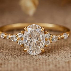 May include: A gold engagement ring with an oval diamond centre stone. The band is adorned with smaller accent diamonds. The ring is displayed against a neutral backdrop, emphasising the sparkle of the gemstones.