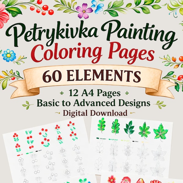 Petrykivka Painting Elements – 60 Essential Motifs PDF, Practice Sheets & Coloring Pages, Ukrainian Folk Art