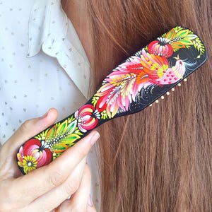 Wooden Hair Brush with Petrykivka Painting - Black with Red Flowers and Bird, Hand Painted