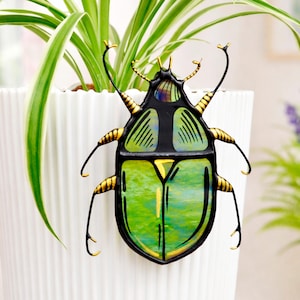 Iridescent Green Beetle Pot Sitter | Stained Glass Bug Decor