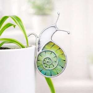 Stained Glass Snail Plant Stake, Iridescent Green Shell Garden Decor Gift