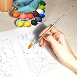 Kleurplaat met Petrykivka-schilderij - Oefeningen voor het Petrykivka-schilderij. Oefeningen uit het Petrykivka-schilderij. Deel twee