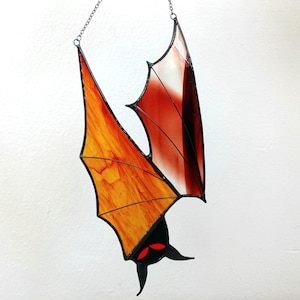 Stained Glass Bat Suncatcher, Halloween Window Decor, Gothic Hanging Bat with Chain, Orange and Red Glass Wings