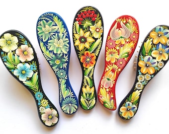 Wooden Brushes With Floral Ornament In The Style Of Petrykivka Painting, Womens Handmade Accessories With Flowers