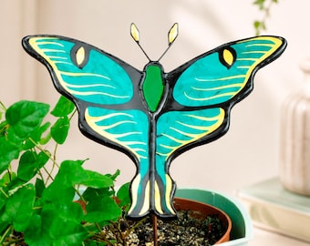 Stained Glass Luna Moth Plant Stake. Teal Moth Suncatcher for Houseplants. Cottagecore Gift for Plant Lovers