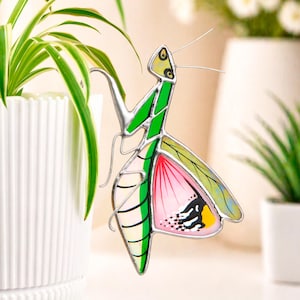 Stained Glass Praying Mantis Plant Pot Decor, Iridescent Flower Pot Stake, Insect Gift for Plant Lovers