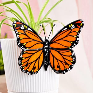 Stained Glass Butterfly Decoration – Orange Monarch Garden or Flower Pot Plant Stake