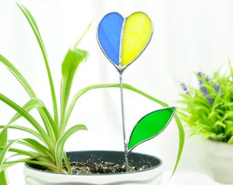Stained Glass Yellow Blue Heart, Plant Stake Flower, Flag Of Ukraine