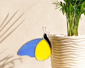 Stained Glass Butterfly Ukrainian Yellow Blue Plant Stakes - Unique Plant Accessory