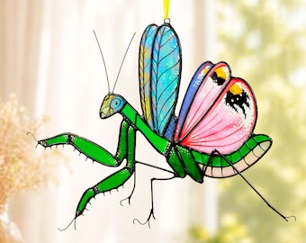Stained Glass Praying Mantis, Large Window Hanging Suncatcher, Iridescent Insect Decor, Nature Lover Gift